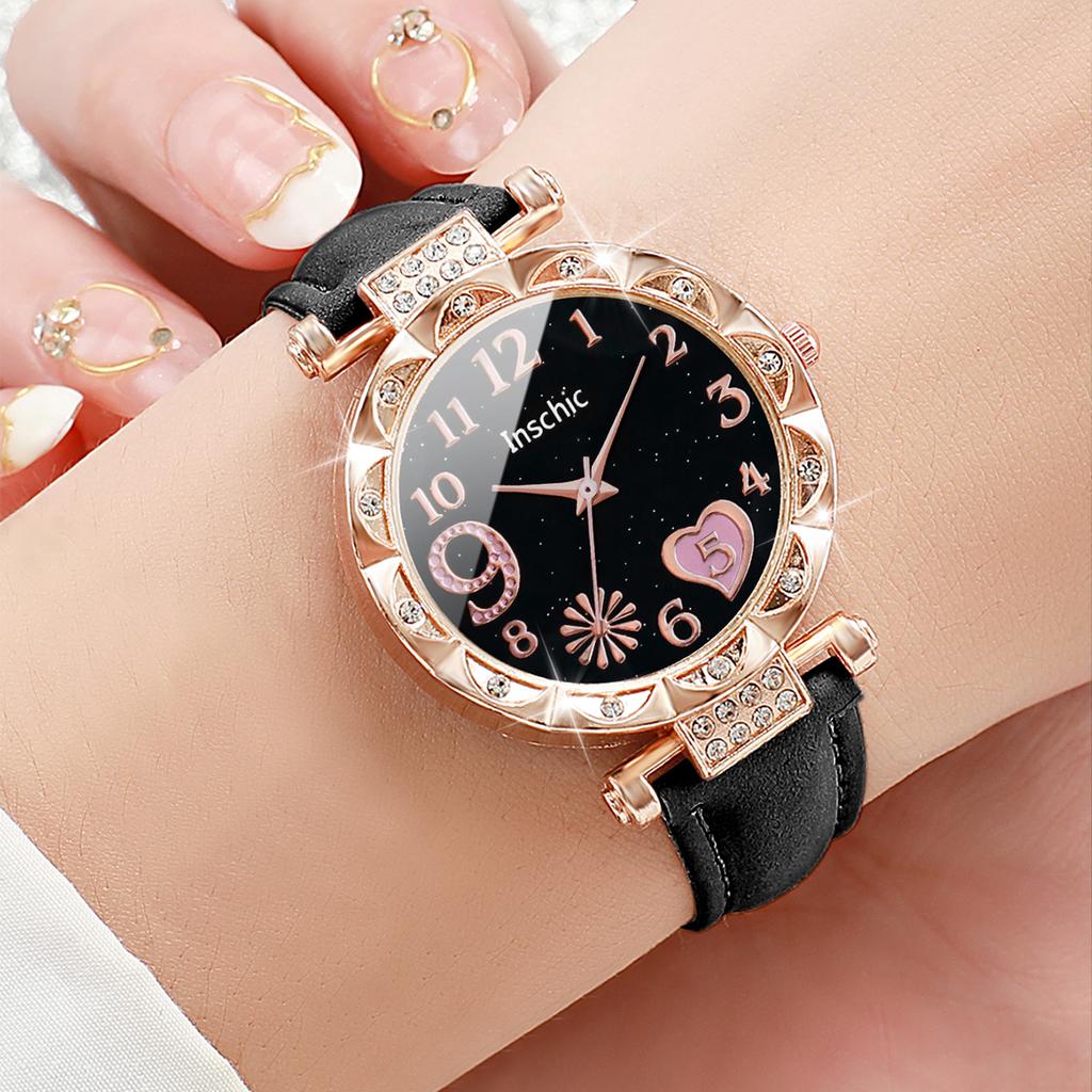 3pcs/set Women Ladies Fashion Leather Strap Heart-shaped Dial Quartz Watch Black White Pink Set