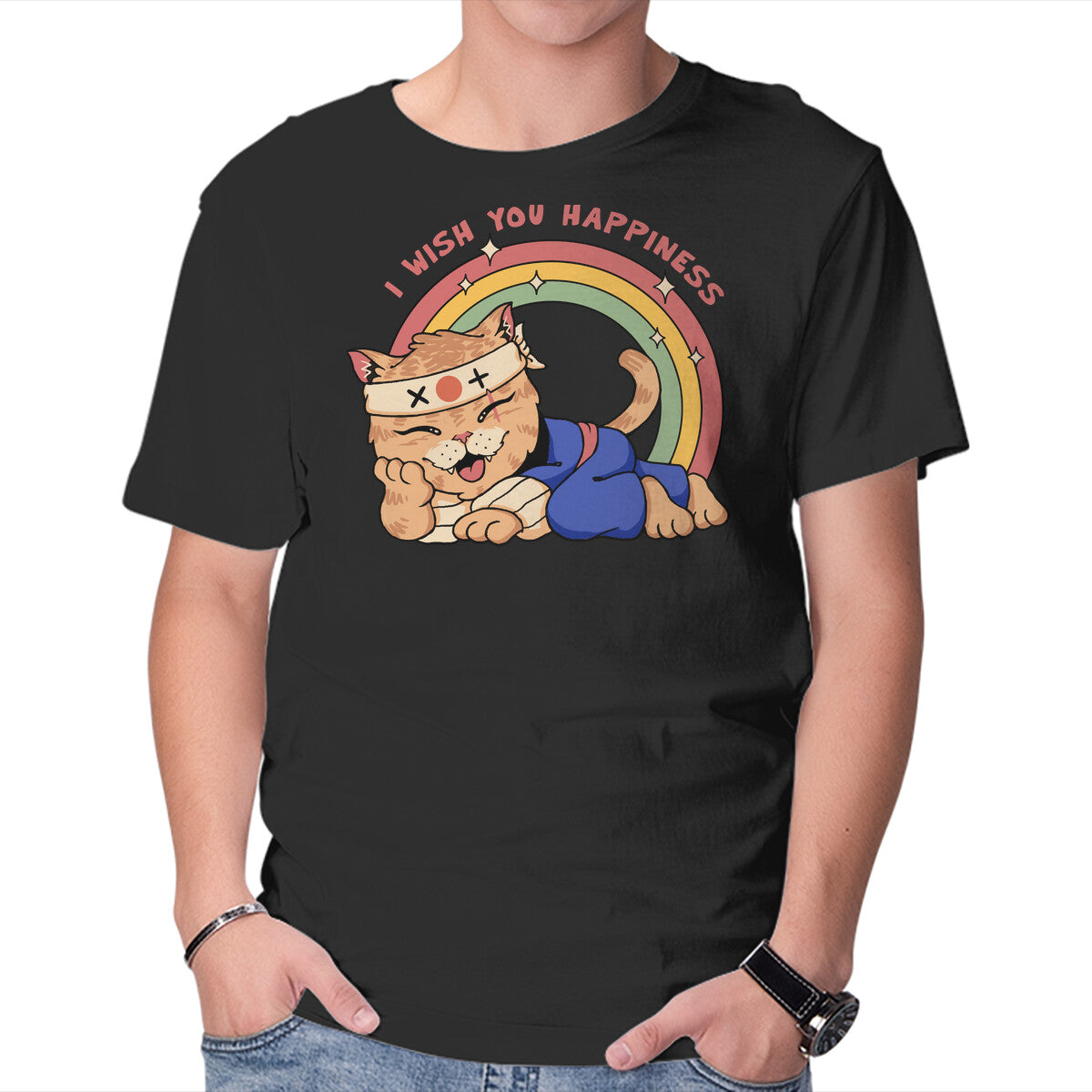 Unisex Crew Neck T-Shirt Happy Meowster Graphic Short Sleeve Casual Tee L