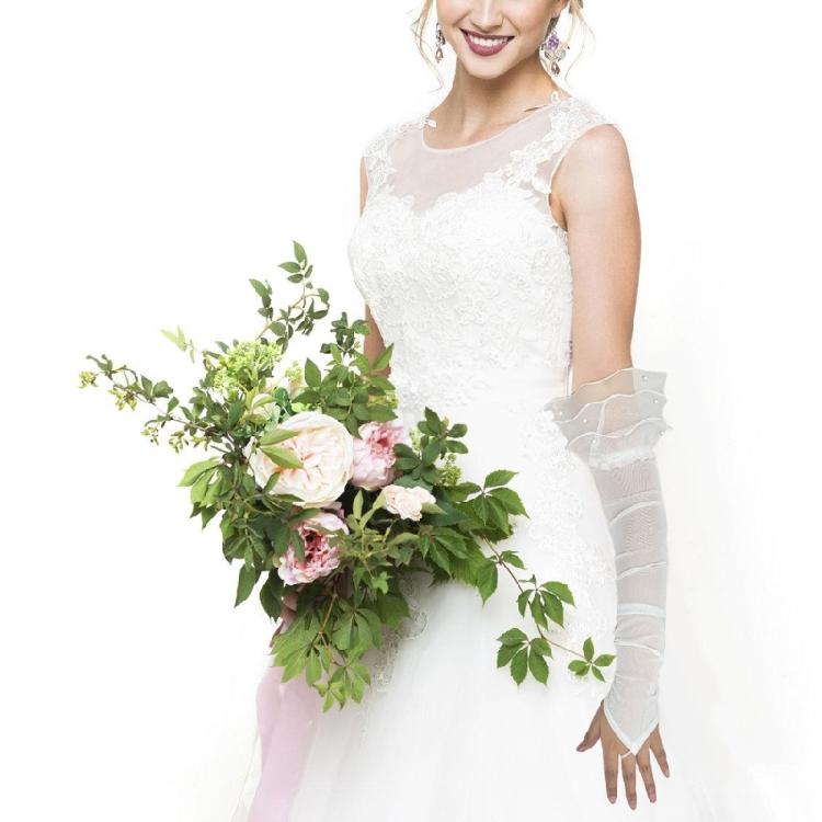 Antique 1920s Theme Party Long Fingerless Gloves with Bead Decors Sheer Gloves for Weddings Flapper Costume Accessory