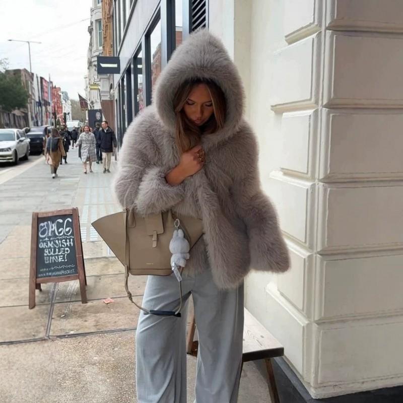 Womens Oversized Faux Fur Hooded Jacket