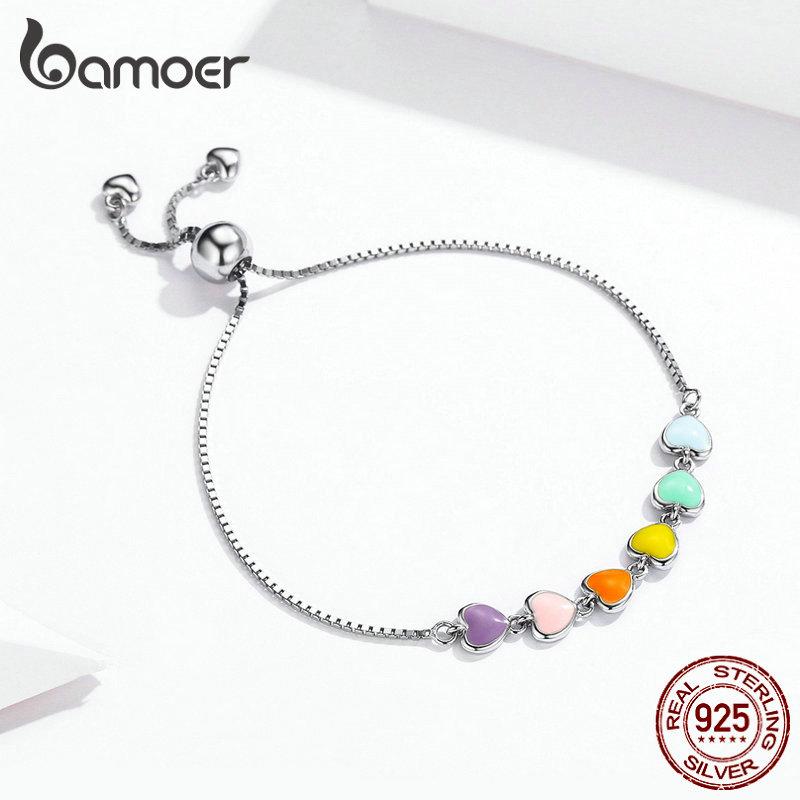 Bamoer Rainbow Color Enamel Heart Bracelet for Women Heart-shape 925 Silver Chain Bracelet Anti-allergy Jewelry SCB158
