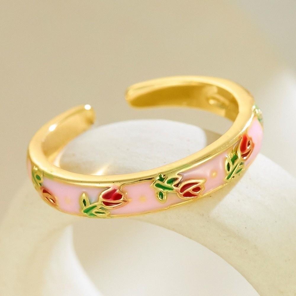 Unique Vintage Geometric Ring Flower Adjustable Tulip Ring Bohemian Enamel Open Ring Parties
