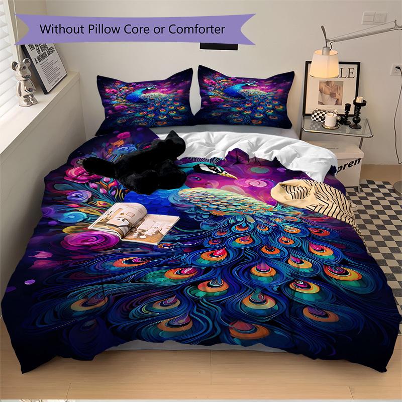 3pcs Peacock Feather Duvet Cover Set -Includes 1 Duvet Cover and 2 Pillowcases, No Quilt Core, All-Season Home Decor  yy251111192