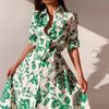 Herfst Nieuwe Dames Geprinte Taille-Gebonden Lange Mouwen Hemdjurk, Europese & Amerikaanse Stijl Casual Jurk Voor Dames, Vrijetijds Buitenlandse Handel Kleding