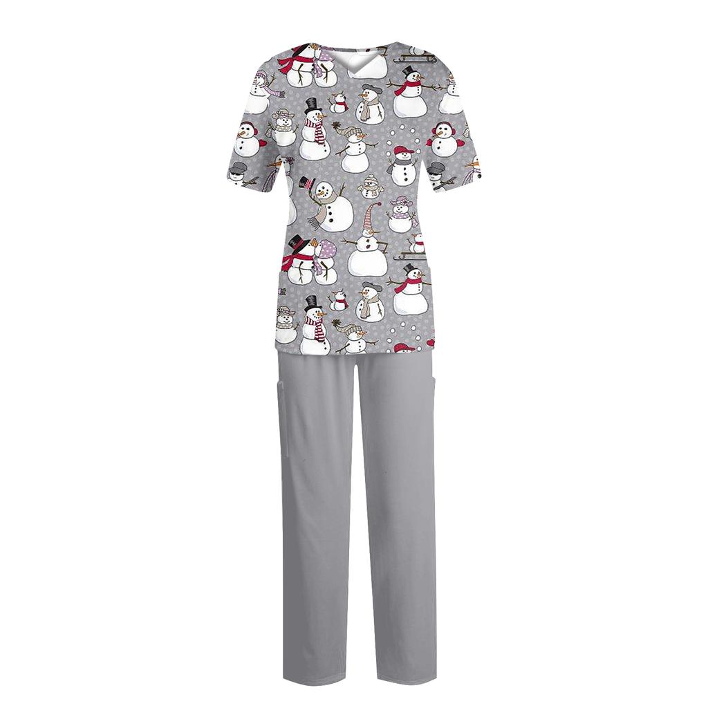 Women's Fashion Print Short Sleeve V Neck Pattern Tops Pocket Working Set