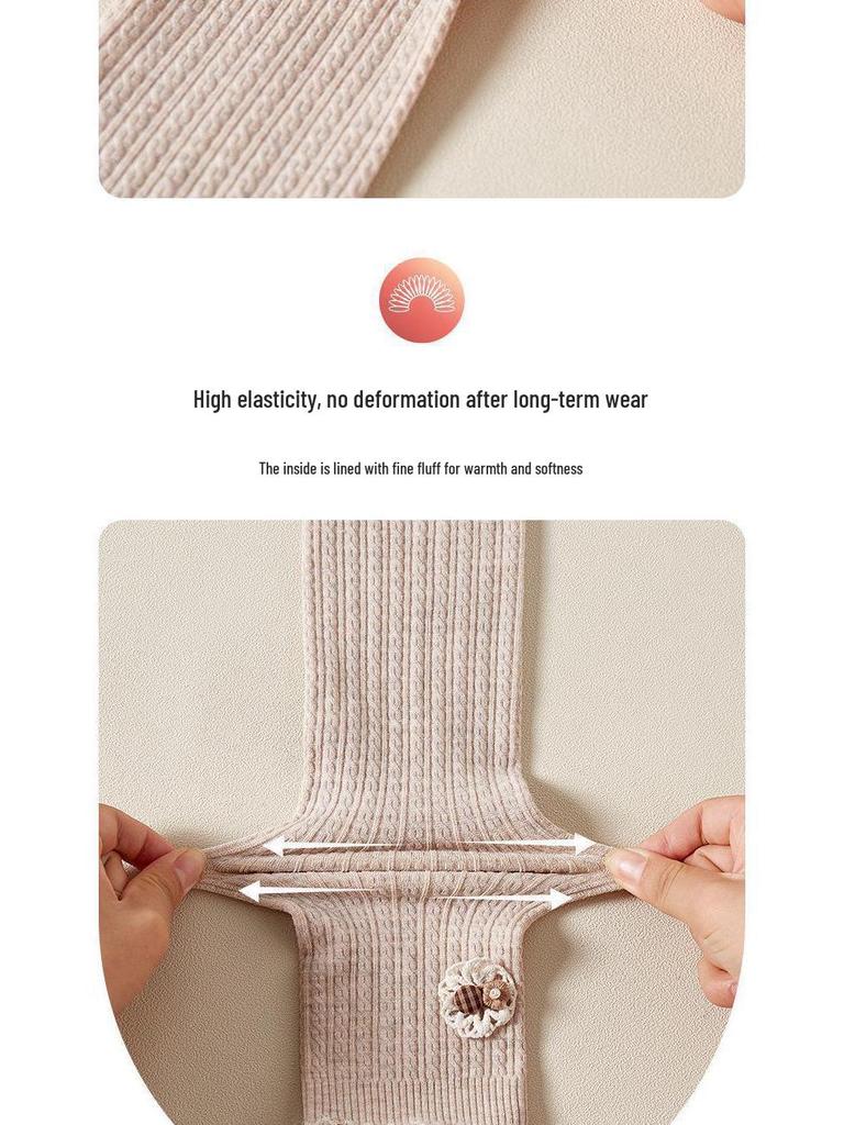 Girls' Fleece Lined Cable Knit Button Flower Tights - Nine-Point Length for Spring, Autumn, and Winter Wear