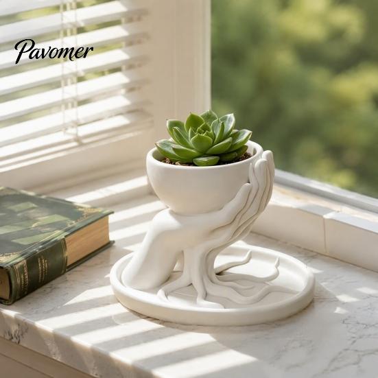 Natural Literary Style Tabletop Decor 3D Printed Palm Shaped Succulent Planter with Drainage Tray, Holding Decorative Root Texture Mini Flower