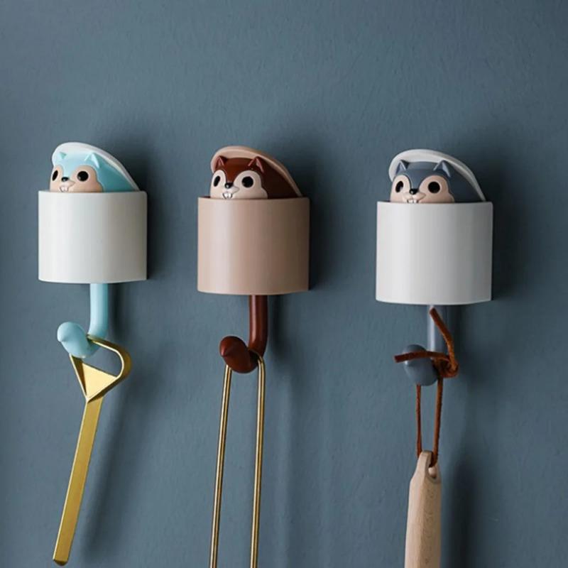 Creative Home Decor Cartoon Animal Squirrel Head Hiding Storage Bathroom Kitchen Hanging Hook Pasting Wall Hooks
