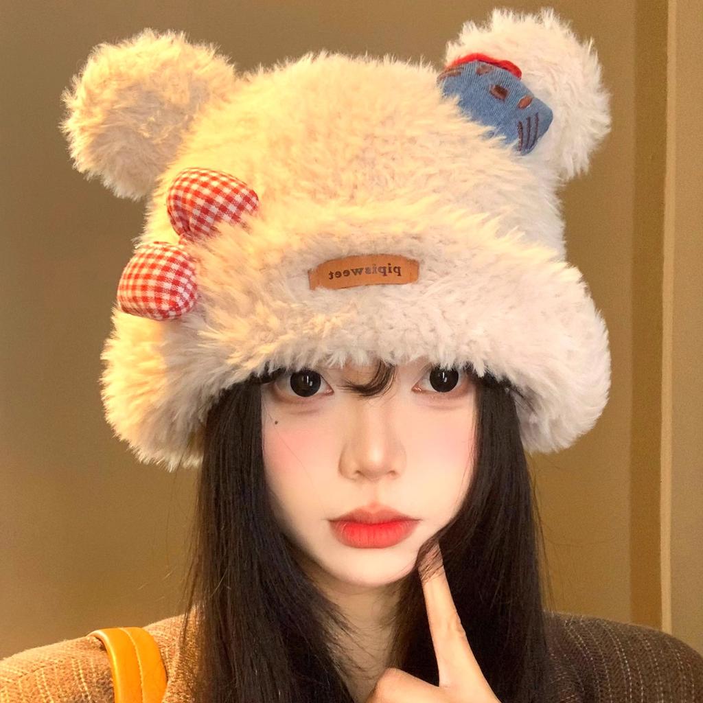 Cute Kitty Cat Plush Knitted Hat Women's Thickened Warm and Cold Woolen Hat Showing Small Face Ear Protection Hat