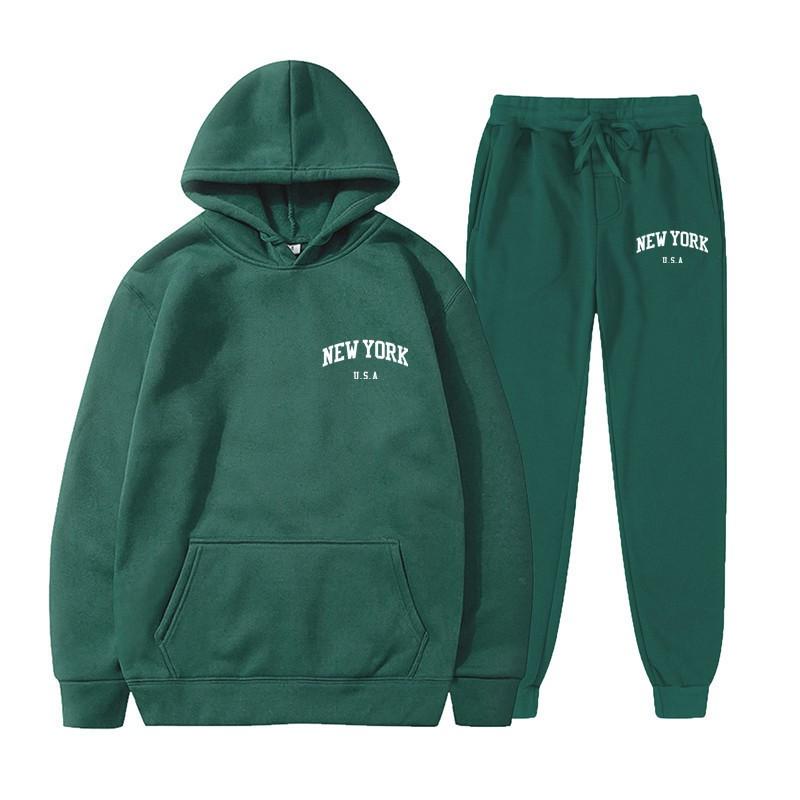 Men Women Streetwear Fleece Hoodie Set Fashion Pullover Long Two-Piece