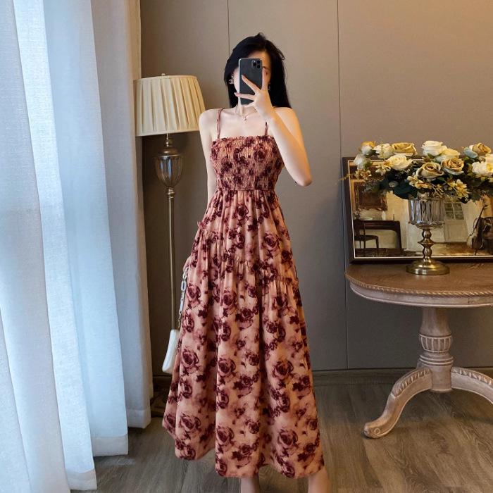 Women s Elegant French Floral Pleated Strappy Dress - Summer High Waist A-line Long Skirt Large красный