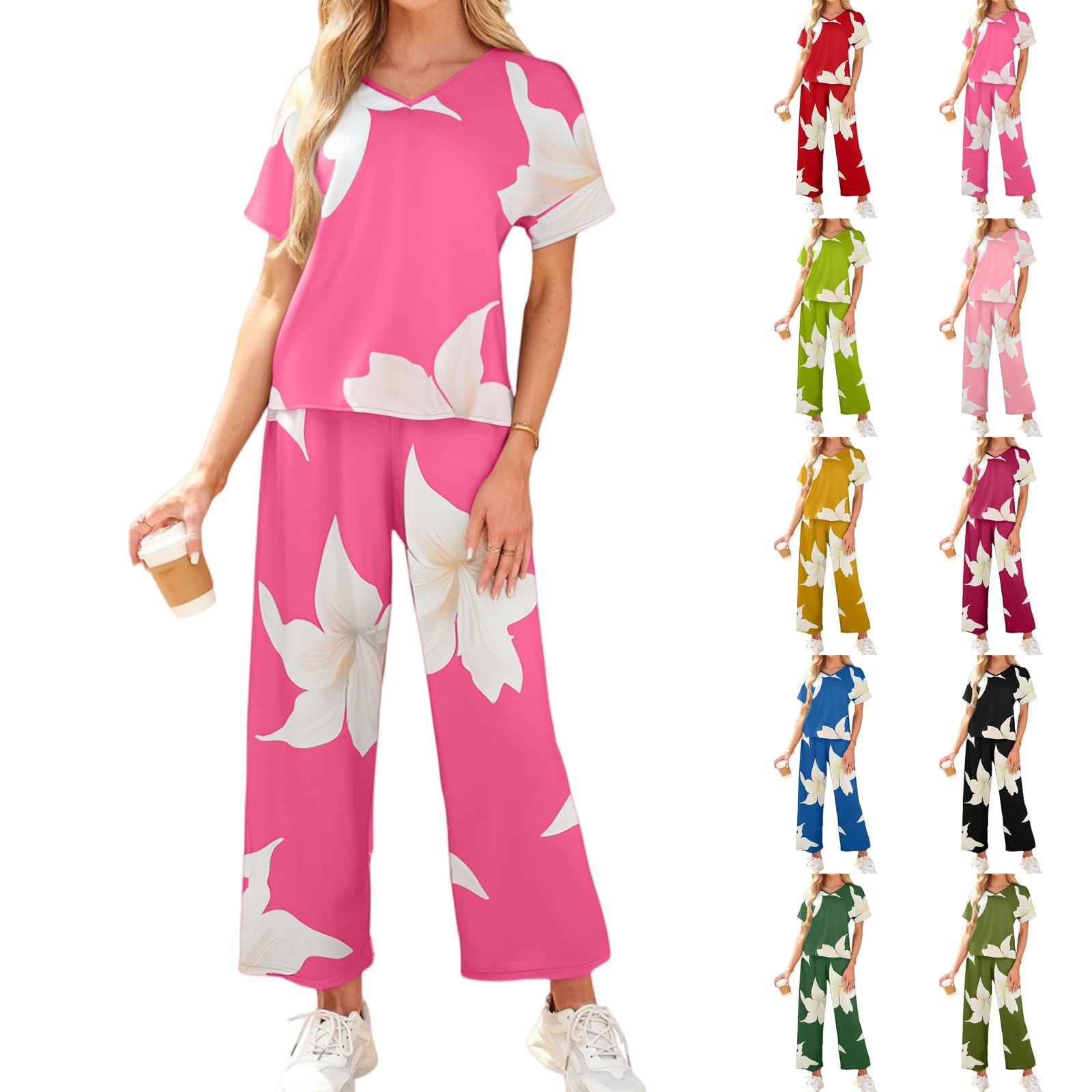 

Women s Casual Vacation V-Neck Sleeve Top And Trousers Fashion Print Two Piece Set L