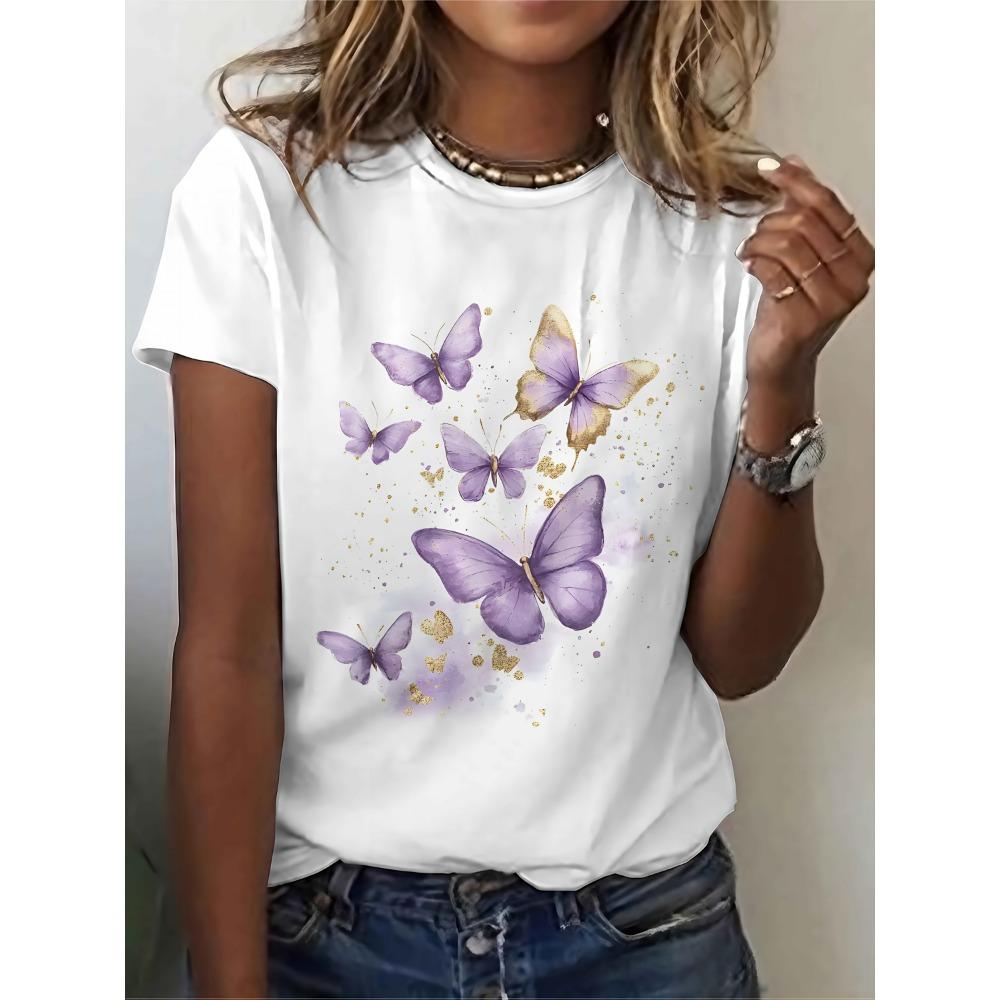 

Women s elegant purple butterfly print T-shirt, soft and comfortable round neck short sleeved top, summer casual women s clothing 6XL