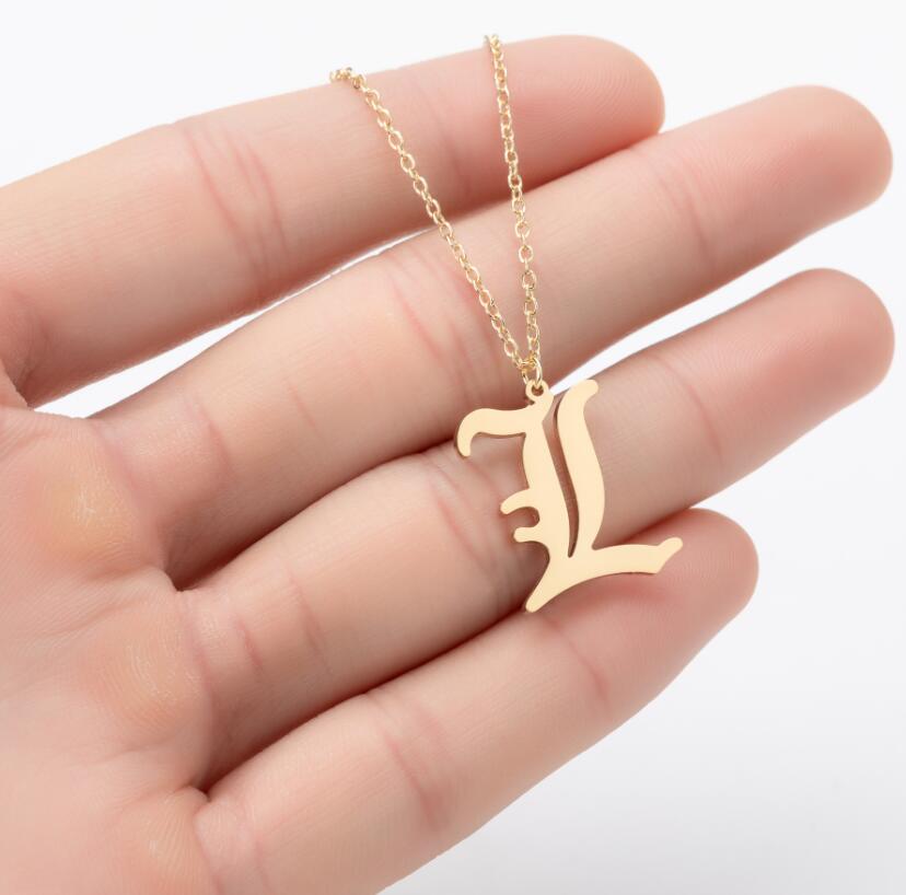 Gothic Old English Initial Necklace Stainless Steel Monogram 26 Letter Alphabet Necklace Jewelry Accessories Collier Femme