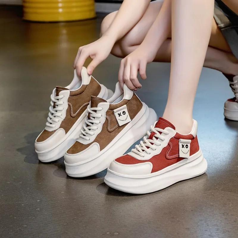 Fashion 6CM 2024 Suede Cow Genuine Leather Women Casual Shoes Skateboard Platform Wedge Women New Fashion Sneakers Chunky Shoes Spring
