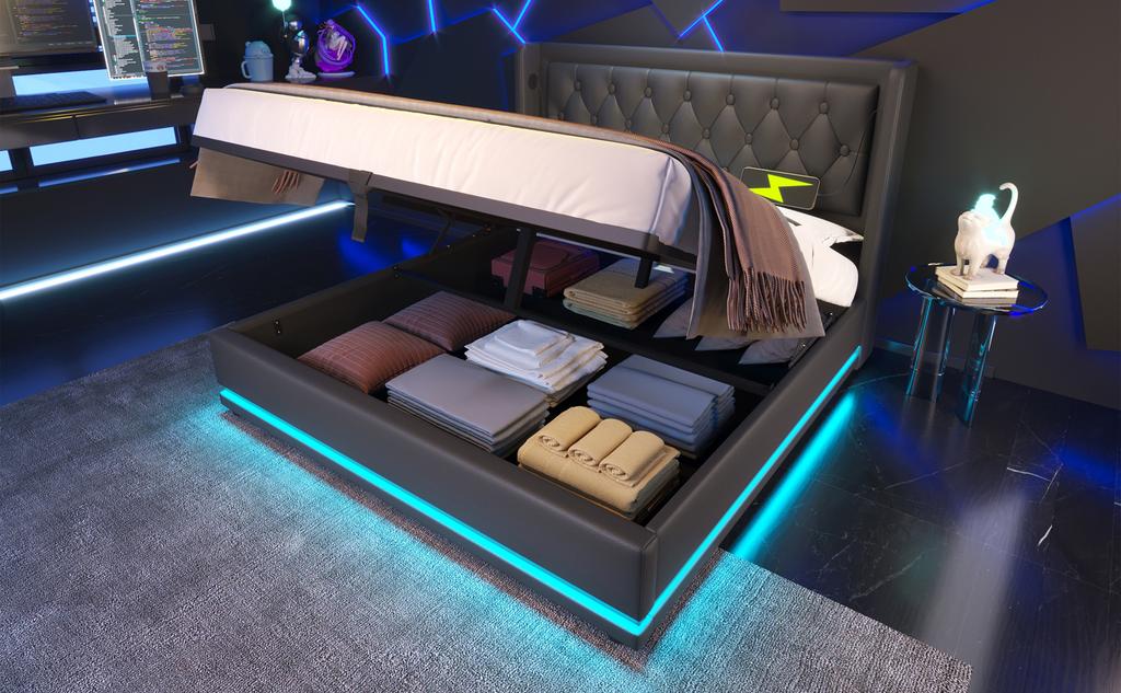 Upholstered double bed 160*200 cm, black PU hydraulic storage bed, headboard with USB Type-C charging, 3-sided LED (mattress not included)