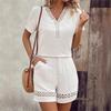Modisches Spitze V-Ausschnitt Patchwork Kurzarm Damen Anzug Lässig Locker Hauskleidung Weiblich Strandurlaub Shorts 2-teiliges Set