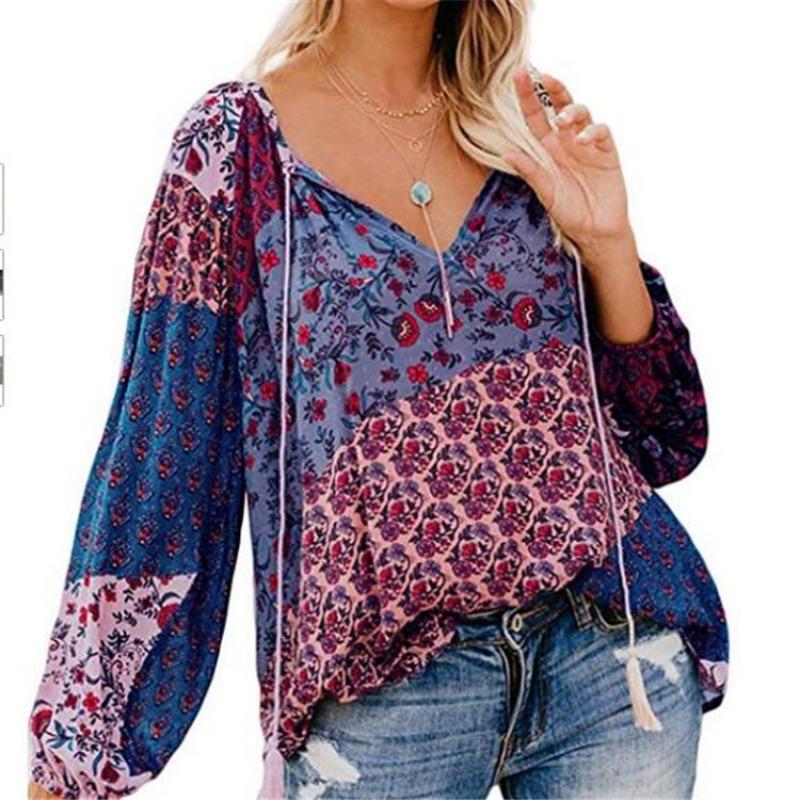 Women's Autumn Floral Printed Large V-Neck Long Sleeve Pullover Blouse Loose Drawstring Shirt Top