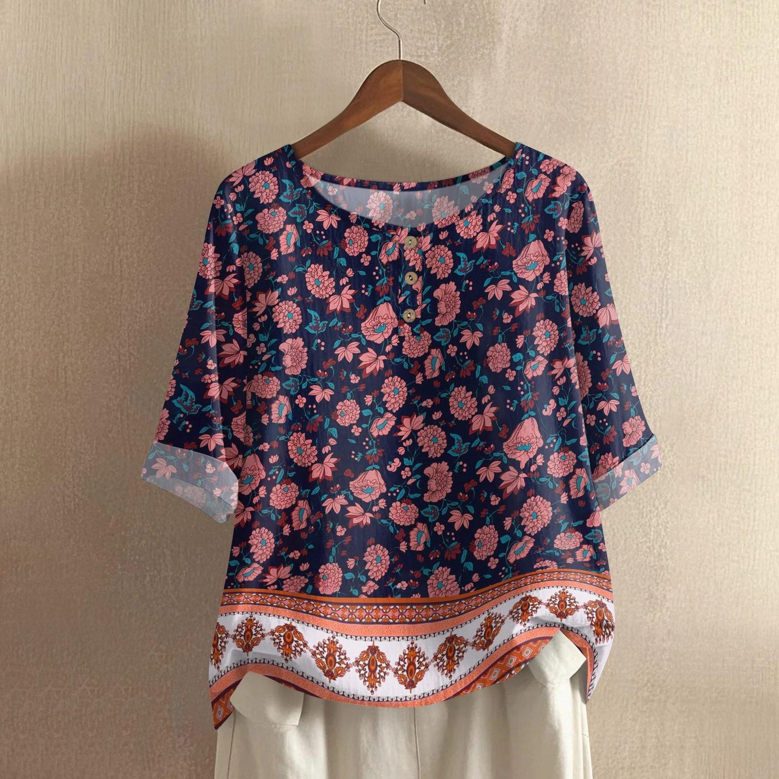 

Женская модная и повседневная рубашка с полурукавом, круглым вырезом и принтом, блузка, топ M