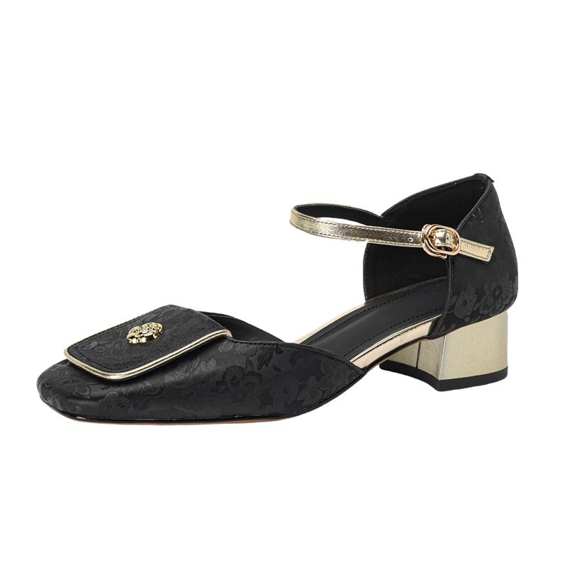 Fashion Women's New Square Headband with Genuine Leather Printed Cowhide Metal Fasteners, Large Headband with Middle Heel Muller Sandals