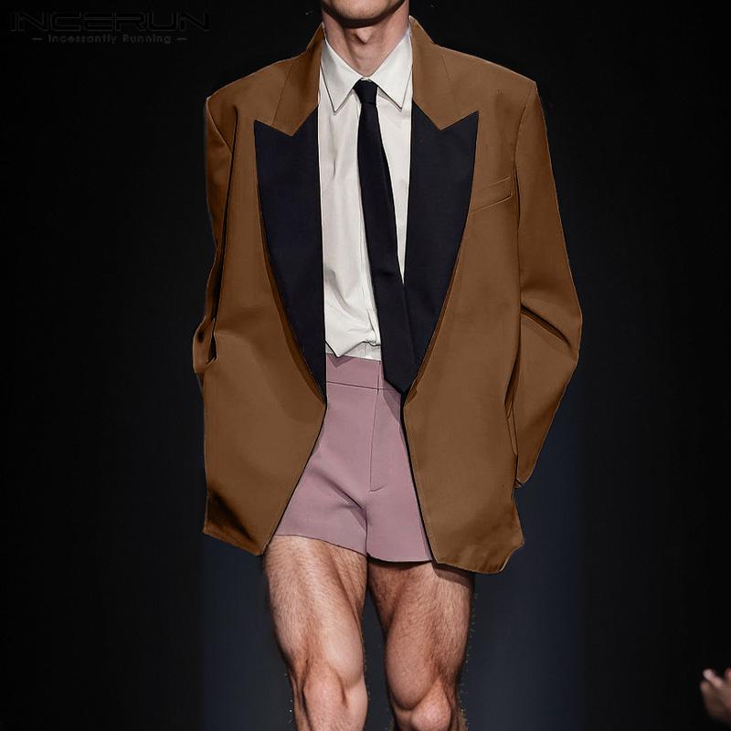 INCERUN Oversized Men Lapel Collar Patchwork Long Sleeve Blazer Casual Loose Thin Coats