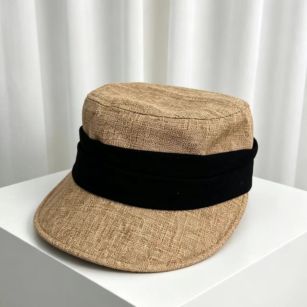 New Old Money Wind Imitation Linen Pleated Breathable Equestrian Hat Women's Spring Summer Retro Sunshade Sun Protection Flat Top Cap