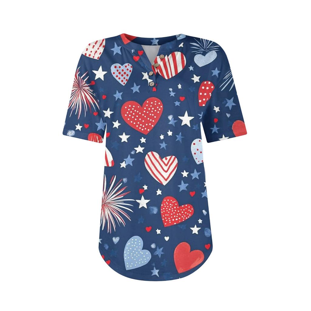 Short Sleeve Womens Tops Summer T-Shirts Print V Neck Casual Basic Tee Button Shirts Tunic Tops Independence Day
