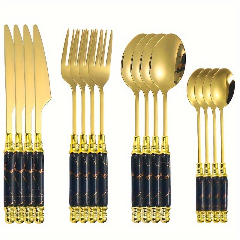 16-teiliges Geschirrset aus Edelstahl mit langem Keramikgriff, Steakmesser, Gabel, Löffel, Western-Geschirrset, Essgeschirr-Zubehör