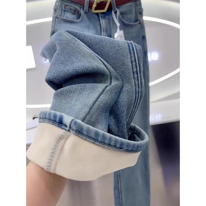 Plus Size High-Waisted Fleece-Lined Wide Leg Jeans for Women - Autumn/Winter 2024 Slimming Style