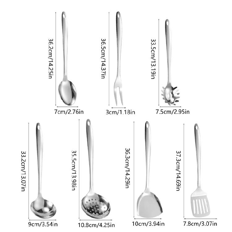 7Pieces Stainless Steel Serving Tool Set Slotted Turner Long Handle Cooking Shovel Cooking Sppon for Everyday Use