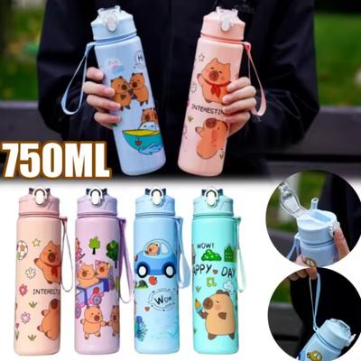 750ml Capybara Water Bottle For Kids Water Sippy Cup With Silicone Straw Leakproof Plastic Water Bottles Summer Kids Water Cup