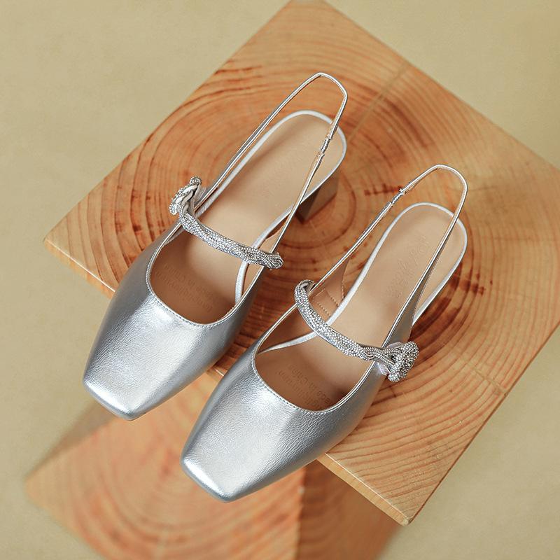 Baotou Sandals Summer Mary Jane Single Shoes Medium Heel Silver Thick Heel with High Heels