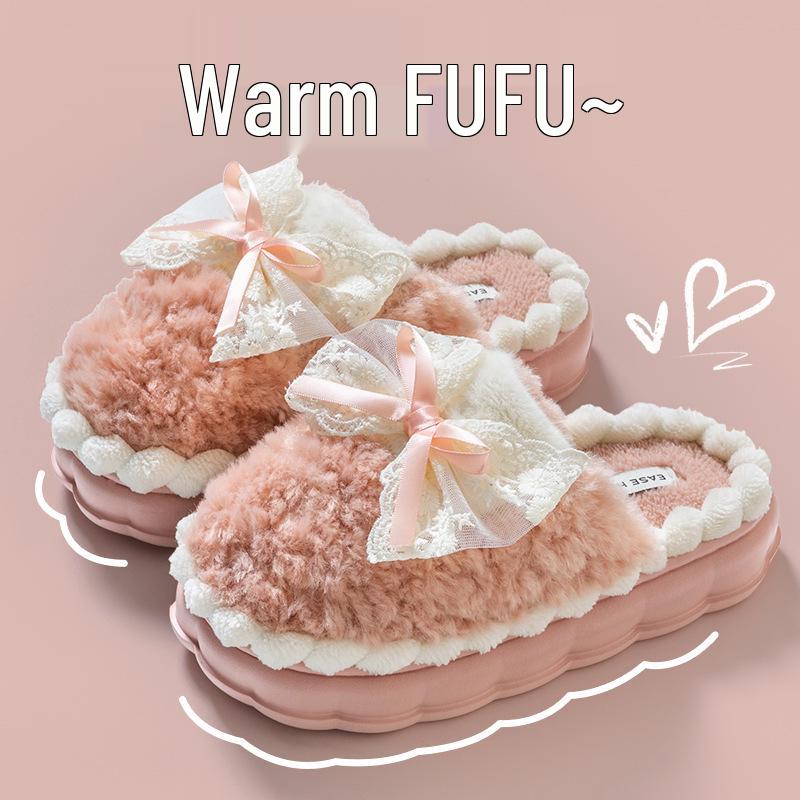 Damen Winter Warme Flauschige Baumwollpantoffeln mit Schleife - Rutschfest Postpartal Indoor