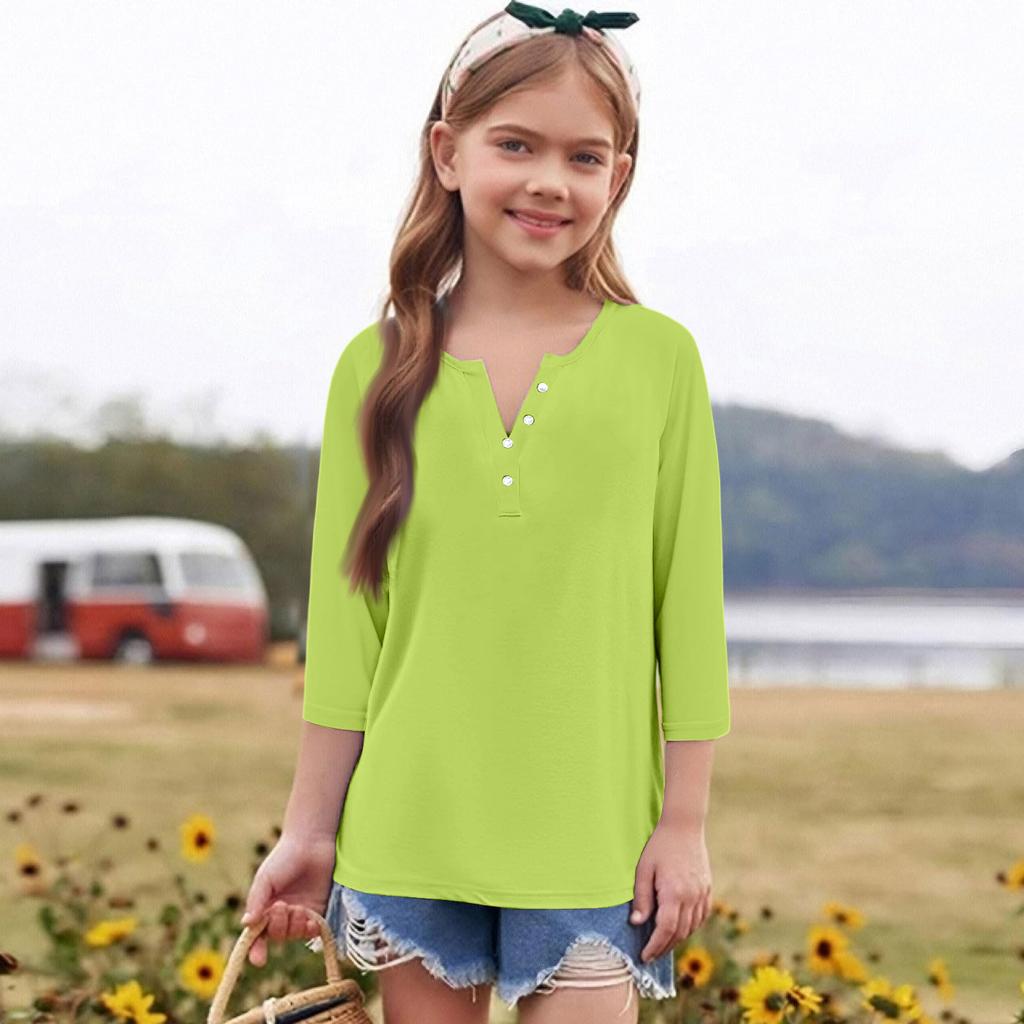 Print Tops For Youth Girls Round Neck 3/4 Sleeves T-Shirts Trendy Tops Outfit Tees