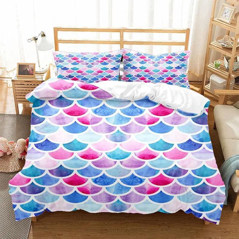 Comforter Mermaid Fish Scales Magical Colorful Seamless Pattern With Fish Scale Net Print Bedding Set Microfiber
