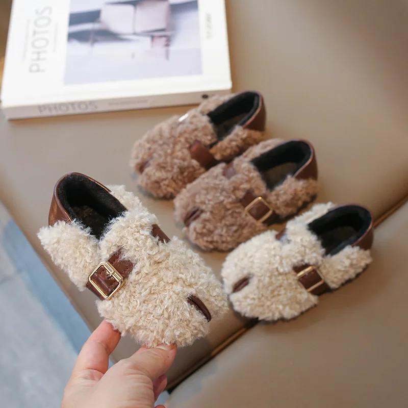 Kids' Winter Shoes 2024 New Girls Cotton Shoes Flat Loafers Versatile Simple Warm Children's Shoes Fashion Soft Bottom Non-slip