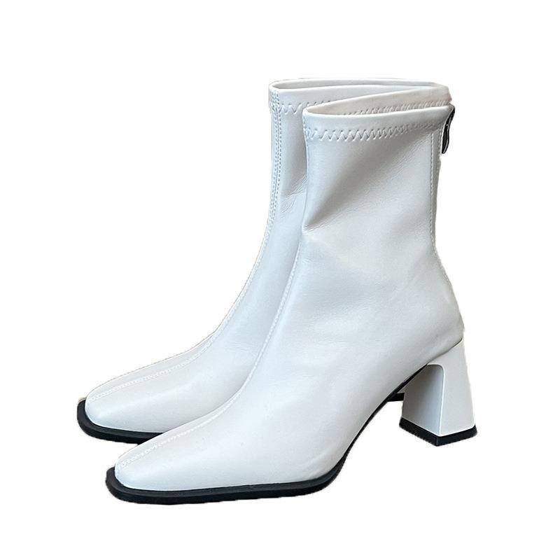 Short Boots Women's High Heel Thick Heel Rear Zipper Square Head Martin Boots Autumn and Winter New Elastic Thin Boots