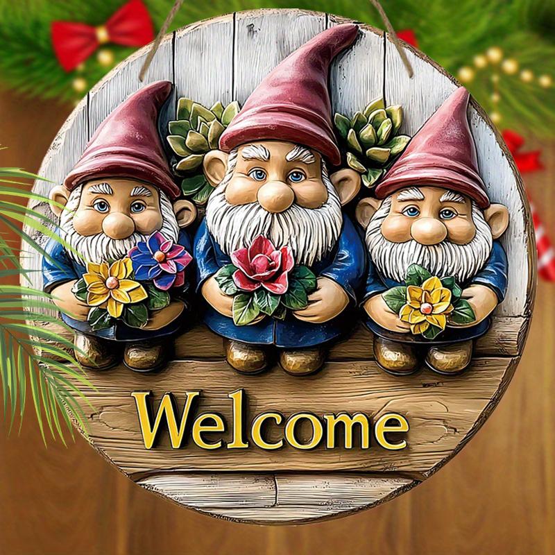 Wooden hanging decorative sign,welcome signs,The pattern is three gnomes,indoor or garden decorations,2D flat pendants, housewarming gifts for friends