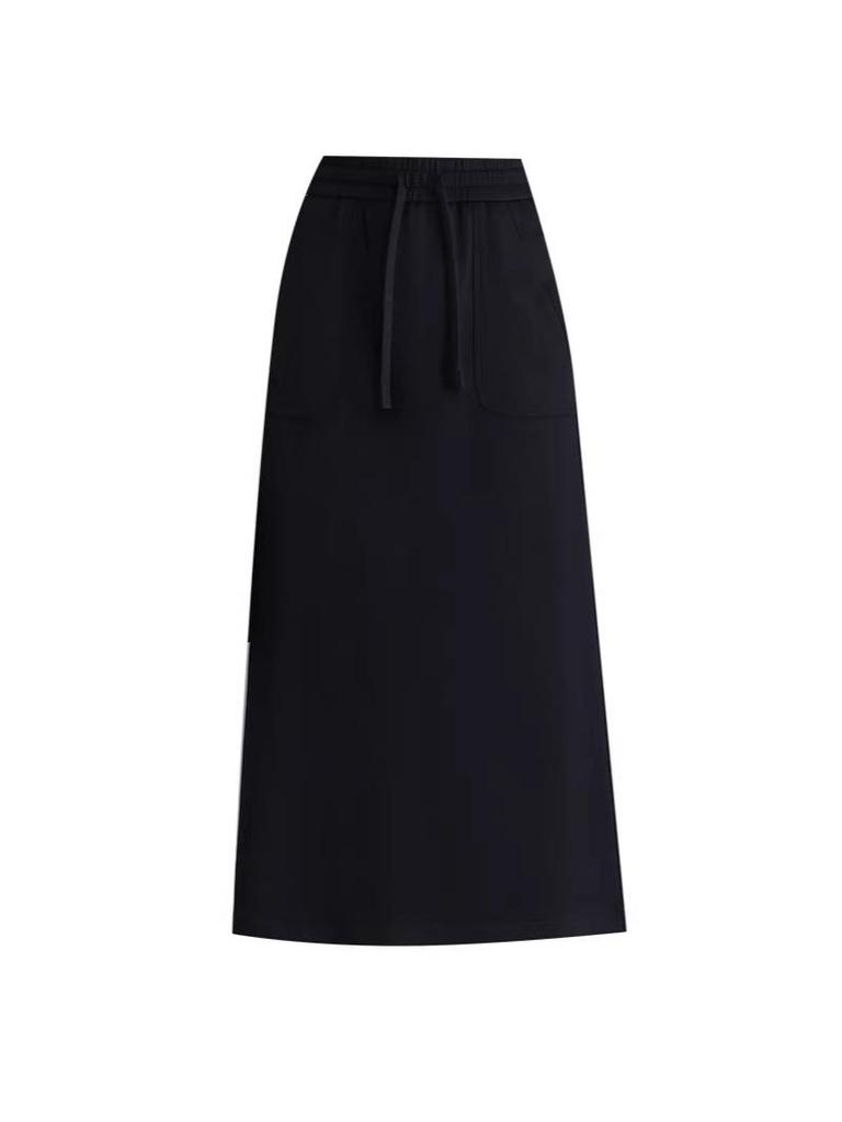 Slimming Draped Black Midi Skirt - Spring/Summer 2026 Collection, Elastic Waist, Casual Fit