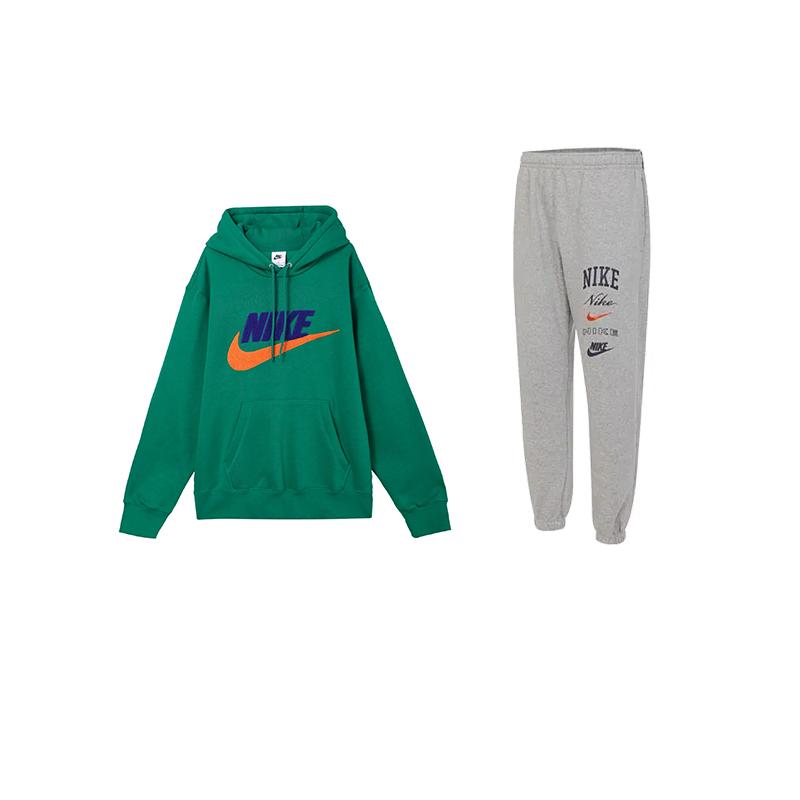 

Nike Логотип с принтом, флисовая толстовка с капюшоном с длинным рукавом, американский винтаж, эластичная талия, флисовые вязаные спортивные штаны с манжетами, комплект худи FN3105-365+FN2644-063 M