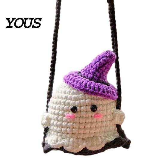Handmade Aesthetic Car Decor Cute Crochet Ghost Ornaments, Mini Knitted Doll, Hanging Accessory Decorative Rearview Mirror for Auto Interior