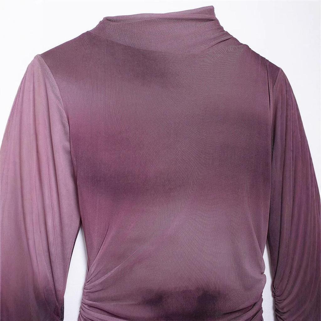 2024 European & American Trend: Women's Bodycon Ruched Silk Net Dress with Stand-up Collar & Long Sleeves, Autumn Style