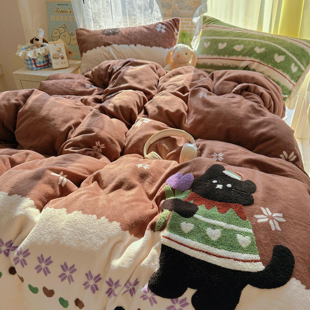 Thickened Milk Fleece Bed Four-Piece Set Coral Flannel Surface Towel Embroidered Quilt Cover Bed Sheet Three-Piece Bedding