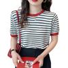 Ice Silk Short-Sleeve Knit Striped T-Shirt for Women, Plus Size Korean Style Summer Chic Top
