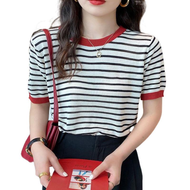 Ice Silk Short-Sleeve Knit Striped T-Shirt for Women, Plus Size Korean Style Summer Chic Top