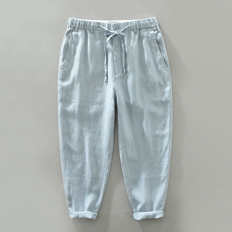 Export Surplus Japanese-Style Linen Breathable Casual Pants for Men, Summer Thin Loose Straight-Leg Elastic Waist Cropped Pants Blue(Madu 1632) M