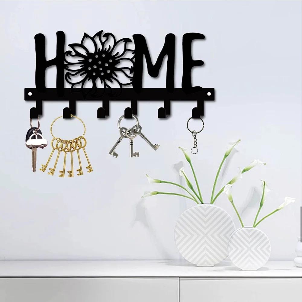 1pc Sunflower & Letter Design Black Metal Key Holder – Multi-Purpose Wall Hook for Porch, Hallway, Ideal for Keys and Clothes
