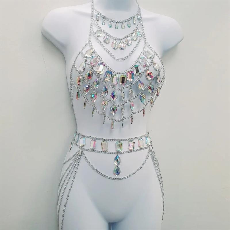 Rhinestones Body Chains Beach Bikini Bra Top Crystal Chest Chains Wasit Body Jewelry Accessories for Women Girls Gifts