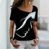 Women's Short Sleeved T-shirt with Slanted Neckline Pattern and Digital 3D Printed Women's T-shirts