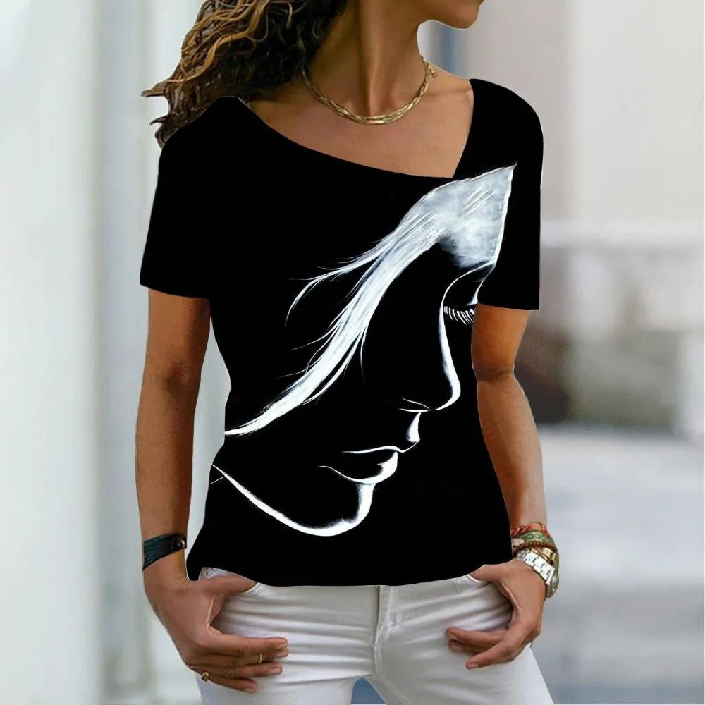 Women's Short Sleeved T-shirt with Slanted Neckline Pattern and Digital 3D Printed Women's T-shirts